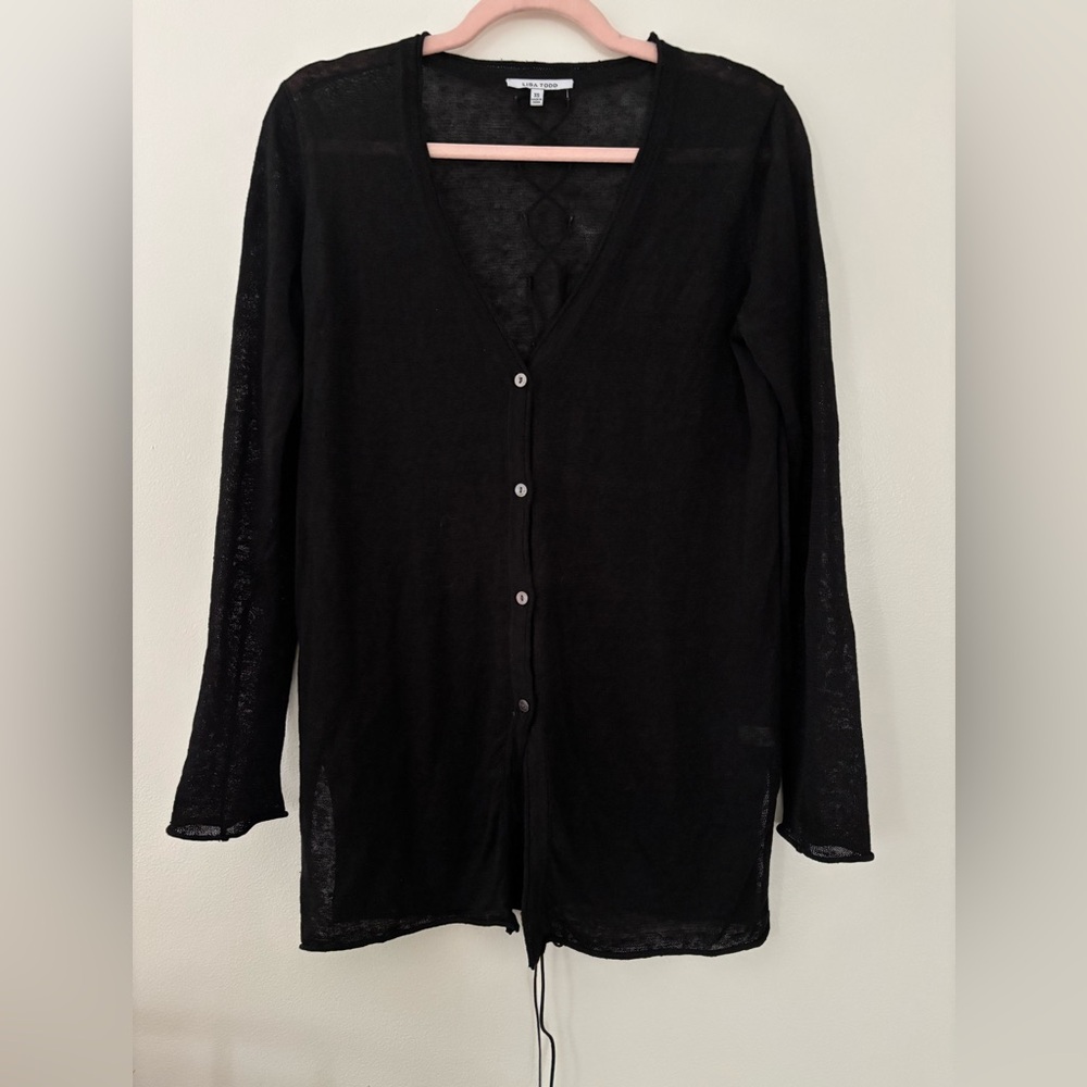 Lisa Todd XS 100% Linen Black Lace Back Cardigan Long Sleeve Grunge